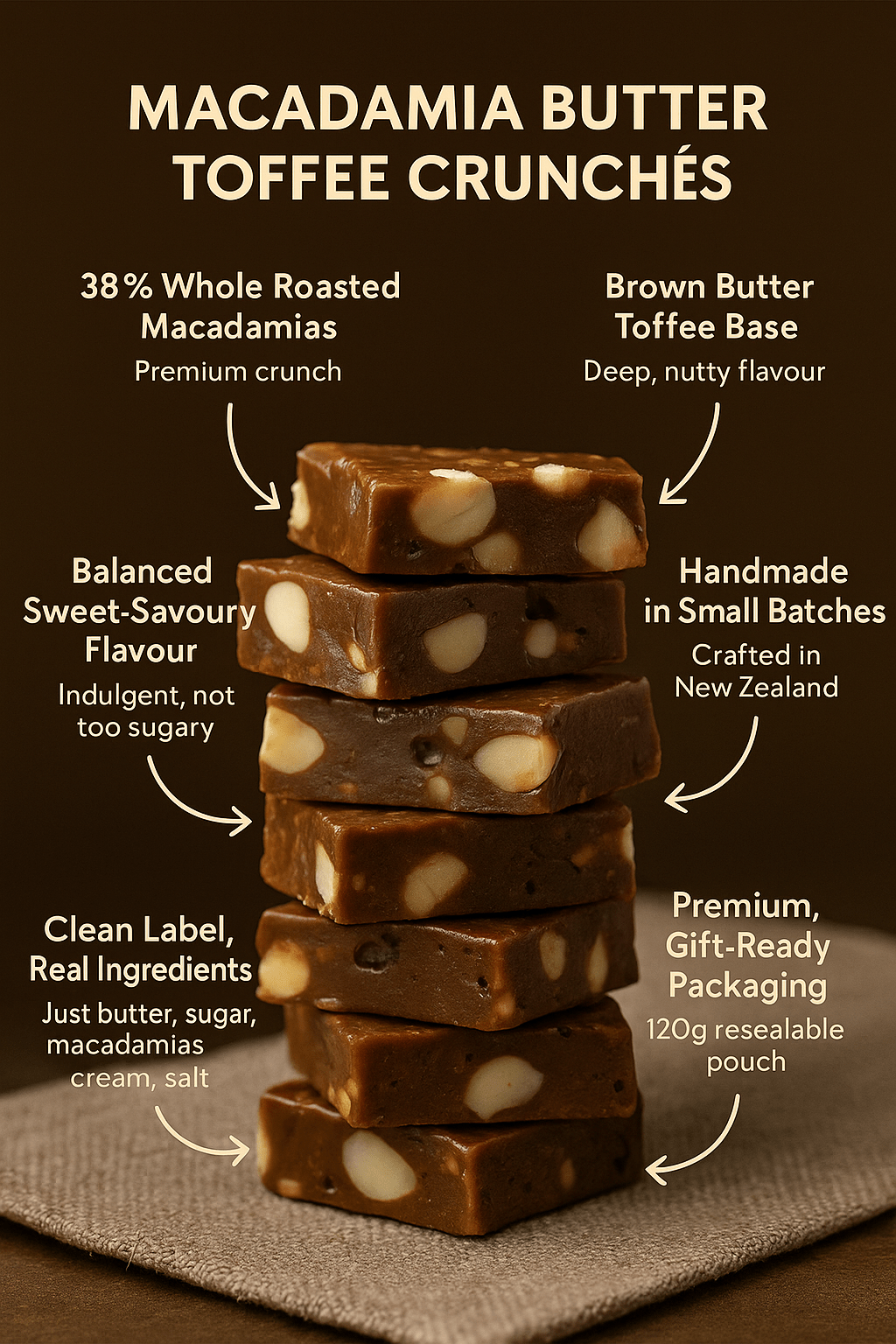 Lowrey Macadamia Butter Toffee Crunché 4-Pack 120g | 38% Nuts